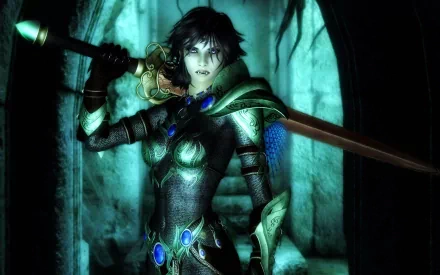 A HD desktop wallpaper featuring a vampire from The Elder Scrolls IV: Oblivion, adorned in ornate armor and wielding a sword, standing in a dimly lit, eerie setting.