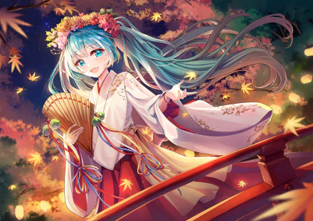 Anime-style HD desktop wallpaper featuring Hatsune Miku with long blue hair, blue eyes, wearing a floral headpiece and traditional attire amidst glowing autumn leaves.
