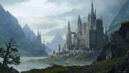 A stunning HD fantasy landscape wallpaper featuring a majestic castle by a serene lake and river, nestled among towering mountains under a cloudy sky.