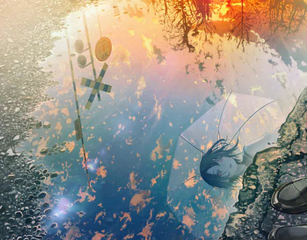 Anime-style HD desktop wallpaper of a sunset sky reflected in a puddle, featuring a shoe and delicate autumn leaves with soft, warm colors.