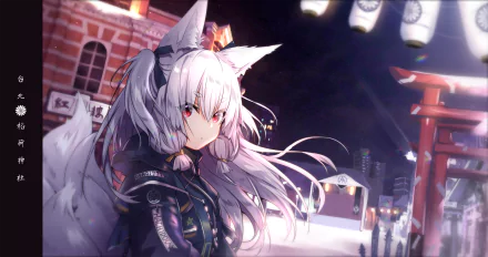 A stunning HD anime desktop wallpaper featuring an original character with white hair and fox ears, set against a vibrant night cityscape.