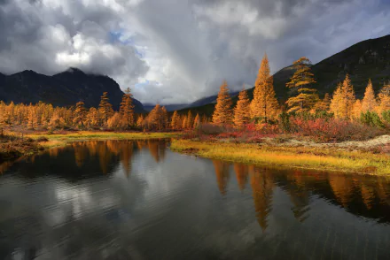 HD desktop wallpaper showcasing a serene fall landscape with vibrant autumn trees reflecting in a calm lake under a dramatic cloudy sky.