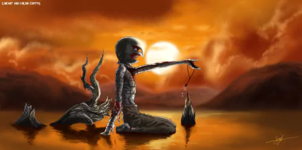 HD anime desktop wallpaper from Berserk featuring a dark, surreal figure with a skeletal mask sitting in a reflective, orange-hued landscape at sunset.
