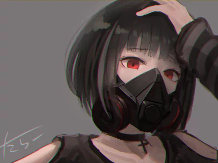 HD anime wallpaper featuring a character with black hair, red eyes, and an oxygen mask.