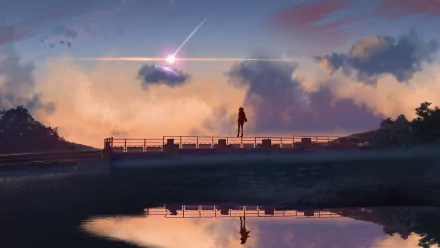 Anime wallpaper featuring an original HD background with a silhouetted figure standing on a bridge against a dramatic sunset sky with clouds and a starburst, reflected in the water below.