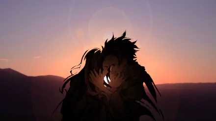 HD wallpaper featuring Nezuko Kamado and Tanjiro Kamado from the anime 'Demon Slayer: Kimetsu no Yaiba' embracing at sunset.