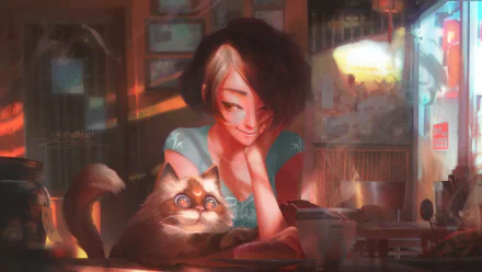 Anime-style artwork featuring a girl with short hair and a cat, set in a cozy indoor environment. The HD wallpaper serves as a background image.