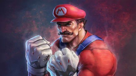 A detailed, 4K Ultra HD PC desktop wallpaper of Mario from the Super Mario Bros. video game, depicted in a muscular, intense pose with clenched fists.