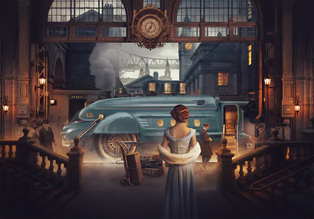 A detailed 4K Ultra HD sci-fi steampunk vehicle inside a vintage industrial setting, with a woman in period attire and atmospheric lighting.