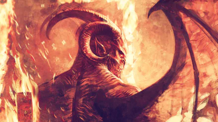 Comic-style depiction of the Watcher (Marvel Comics) as a horned, winged, demonic figure amid roaring flames — HD PC desktop wallpaper/background.