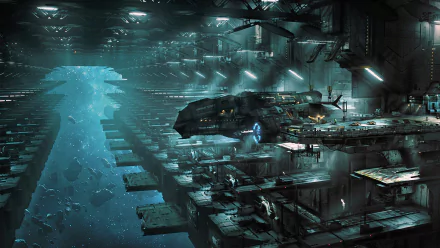 Futuristic spaceport inside a massive sci-fi space station with a spaceship docked, illuminated by cool blue lights in a high-definition sci-fi space environment.