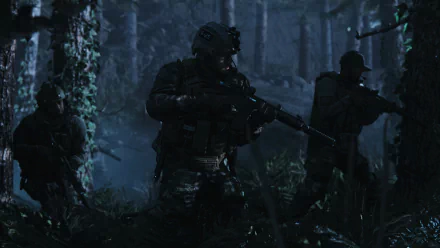 Dark, atmospheric 4K Ultra HD PC desktop wallpaper of three armed soldiers in tactical gear moving through a moonlit forest — Call of Duty: Modern Warfare video game scene.