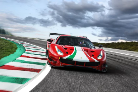 Red Ferrari 488 GT3 Evo supercar vehicle racing on track with Italian tricolour livery, dynamic 5K Ultra HD PC desktop wallpaper background.