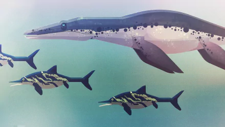 A HD desktop wallpaper depicting a sea monster and smaller aquatic dinosaurs swimming in tranquil blue waters.