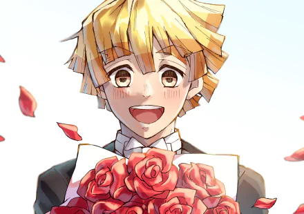 HD PC desktop wallpaper featuring Zenitsu Agatsuma from the anime Demon Slayer: Kimetsu no Yaiba, smiling and holding a bouquet of red roses with petals falling around him.