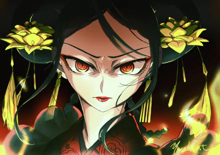 HD PC desktop wallpaper featuring Kei Yonagi from the anime Act-Age with intense glowing eyes and yellow flowers on a dark background.