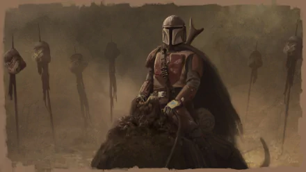 HD PC desktop wallpaper featuring a sketch of The Mandalorian character from the TV show The Mandalorian, depicted sitting against a backdrop of eerie stakes.