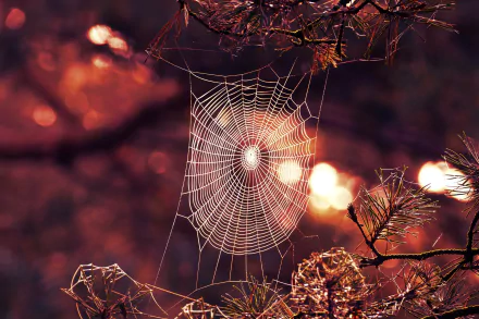 HD desktop wallpaper featuring a close-up of a spider web intricately woven among autumn foliage, captured with rich, warm lighting in this detailed photography shot.
