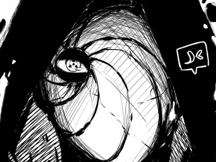 HD PC desktop wallpaper featuring a black-and-white sketch of Obito Uchiha from the anime Naruto, highlighting his intense eye and mask details.