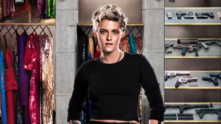 Kristen Stewart in a scene from Charlie's Angels (2019), featured in an 8K Ultra HD PC desktop wallpaper with a backdrop of colorful outfits and firearms.
