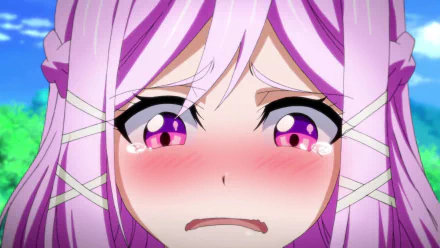 HD PC desktop wallpaper/background of Xia Zitong (Cupid's Chocolates): close-up anime of a blushing, teary-eyed pink-haired girl with trembling, embarrassed expression.