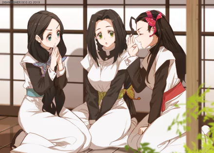 Naho Takada, Kiyo Terauchi, and Sumi Nakahara from Demon Slayer: Kimetsu no Yaiba in an HD anime desktop wallpaper, featuring the three characters sitting together in traditional Japanese attire.
