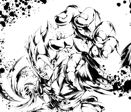 Black and white HD PC desktop wallpaper featuring Gogeta from Dragon Ball Super in a dynamic anime style with bold ink splatters.
