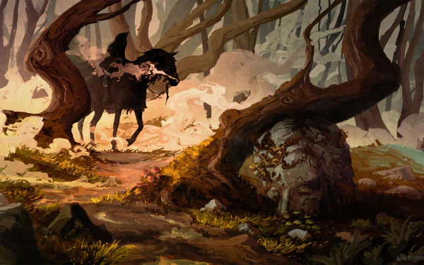HD fantasy desktop wallpaper depicting a dark Nazgûl rider in a twisted forest, inspired by The Lord of the Rings.