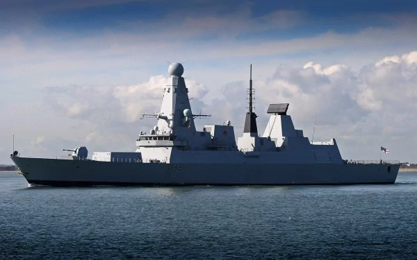 HD PC desktop wallpaper/background of the Royal Navy destroyer HMS Daring (D32) at sea — military ship cruising calm waters beneath a cloudy sky.