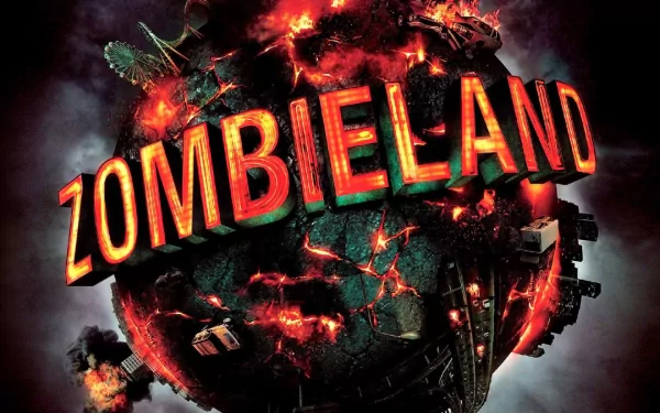 HD PC desktop wallpaper featuring the fiery Zombieland movie title over a burning globe, capturing an intense apocalyptic atmosphere.