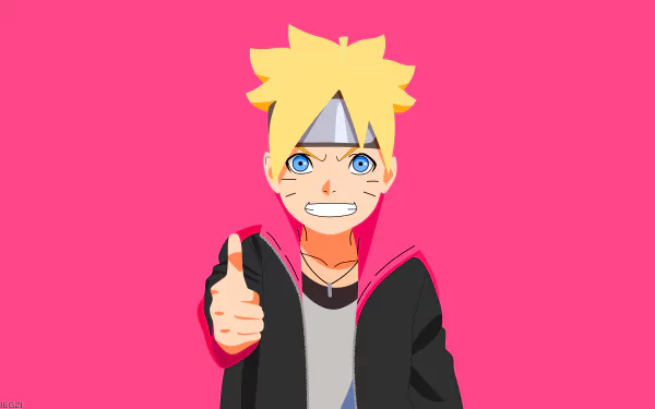 Minimalist HD desktop wallpaper featuring Boruto Uzumaki with blue eyes and a confident smile against a bright pink background.