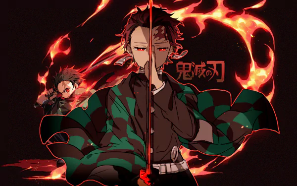 HD wallpaper featuring Tanjiro Kamado performing Hinokami Kagura from Demon Slayer: Kimetsu no Yaiba with dynamic fire elements in the background.