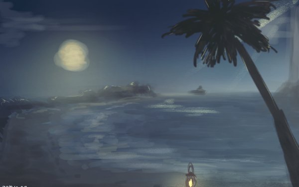 Anime Original Palm Tree Beach Ship HD Wallpaper | Background Image