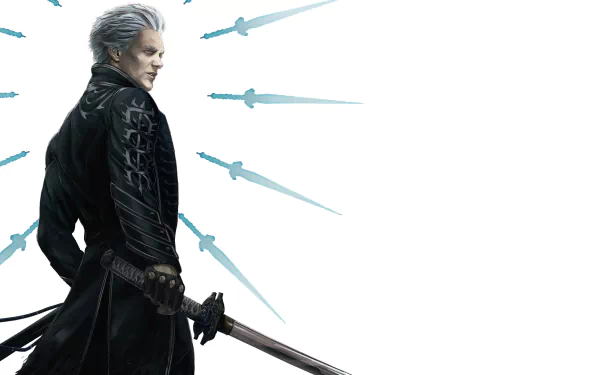 Vergil from Devil May Cry 5 stands with his sword drawn, surrounded by floating blue swords, featured in this HD PC desktop wallpaper and background.