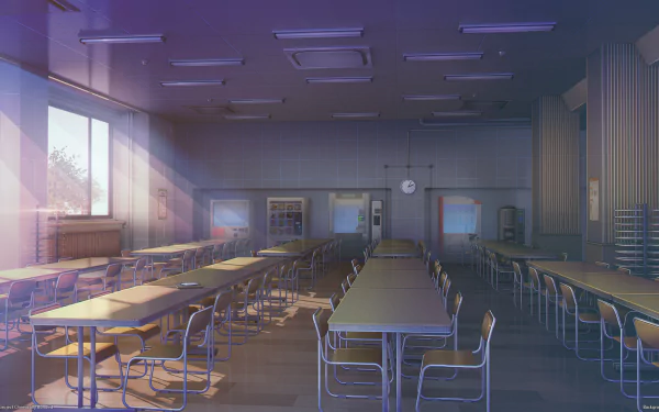 HD Anime classroom wallpaper featuring empty chairs and tables with sunlight streaming through the windows.