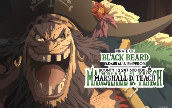 Marshall D. Teach (Blackbeard) from One Piece grinning wildly with large hat and floral accessory, bounty-style text at right — 2K Quad HD PC desktop wallpaper/background.