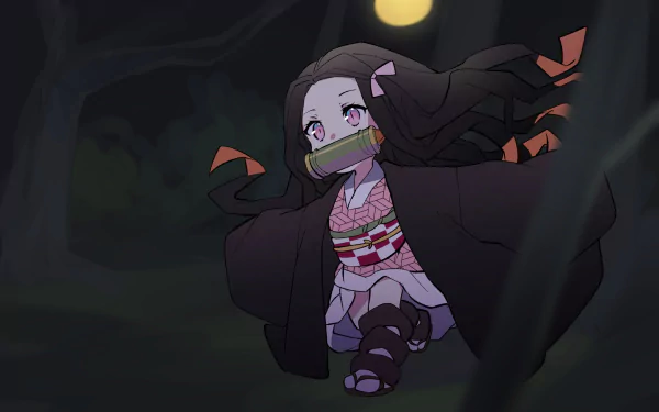 HD desktop wallpaper featuring Nezuko Kamado from Demon Slayer: Kimetsu no Yaiba in a dark forest setting.