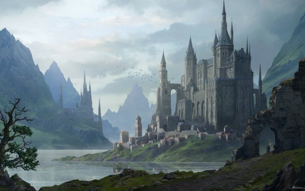Fantasy Castle Castles River Landscape Lake HD Wallpaper | Background Image