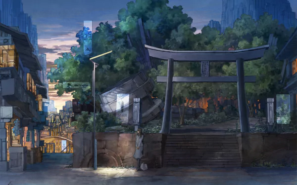 Anime-style HD desktop wallpaper depicting a serene shrine entrance with a traditional torii gate surrounded by trees and urban buildings at dusk.