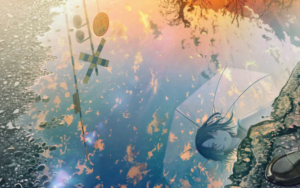 Anime-style HD desktop wallpaper of a sunset sky reflected in a puddle, featuring a shoe and delicate autumn leaves with soft, warm colors.