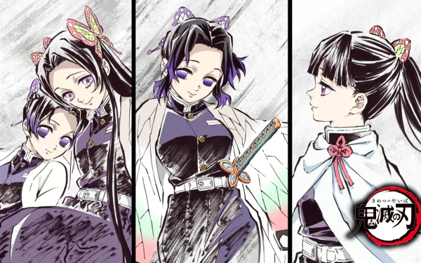 HD desktop wallpaper featuring Kanae Kocho, Shinobu Kochou, and Kanao Tsuyuri from the anime Demon Slayer: Kimetsu no Yaiba, showcasing intricate details and vibrant colors.