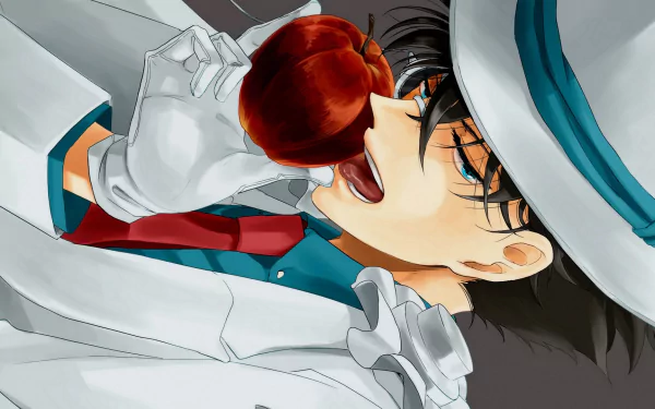 HD PC desktop wallpaper of Kaito Kuroba (Magic Kaito 1412 / Detective Conan) in a white suit and top hat, anime-style, biting a red apple.