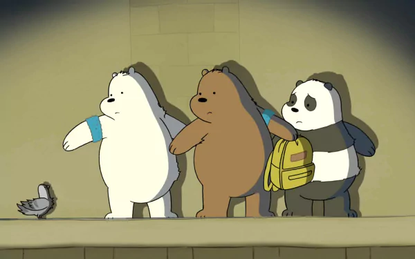 We Bare Bears TV show desktop wallpaper: Ice Bear, Grizzly and Panda stand on a ledge watching a small pigeon; Panda holds a yellow backpack. HD PC background.