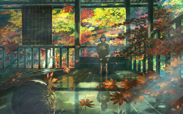 Anime girl in a kimono stands in a sunlit room surrounded by vibrant autumn leaves and reflective surfaces, captured in a detailed 4K Ultra HD fall-themed wallpaper.