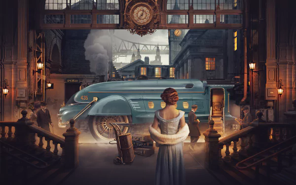 A detailed 4K Ultra HD sci-fi steampunk vehicle inside a vintage industrial setting, with a woman in period attire and atmospheric lighting.