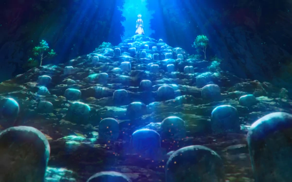 Underwater scene with glowing skulls piled in a pyramid shape, illuminated by blue light, inspired by the anime Dr. Stone featuring Senku Ishigami, HD PC desktop wallpaper.