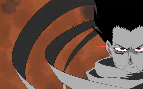 Anime-style My Hero Academia character with intense red eyes and flowing scarf, set against a dramatic orange sky in stunning 8K Ultra HD detail.