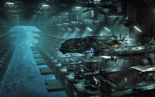 Futuristic spaceport inside a massive sci-fi space station with a spaceship docked, illuminated by cool blue lights in a high-definition sci-fi space environment.