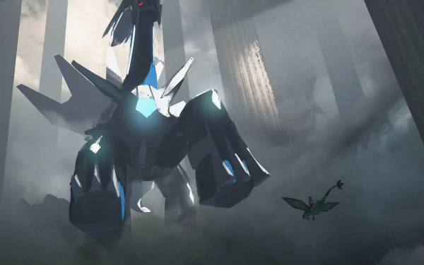4K Ultra HD anime-style PC wallpaper featuring Dialga towering amidst mist with Flygon flying nearby, set in a dramatic Pokémon scene.