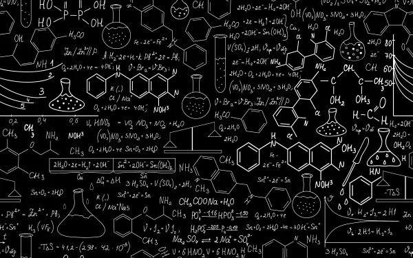 4K Ultra HD desktop wallpaper featuring complex chemistry formulas, molecular structures, and physics equations on a blackboard-style background, blending science and technology.